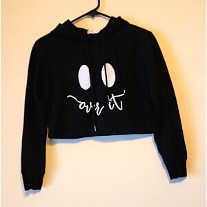 ROMWE Black Cropped Hoodie Medium M 6 Over It Smiley Face Graphic Sweatshirt
